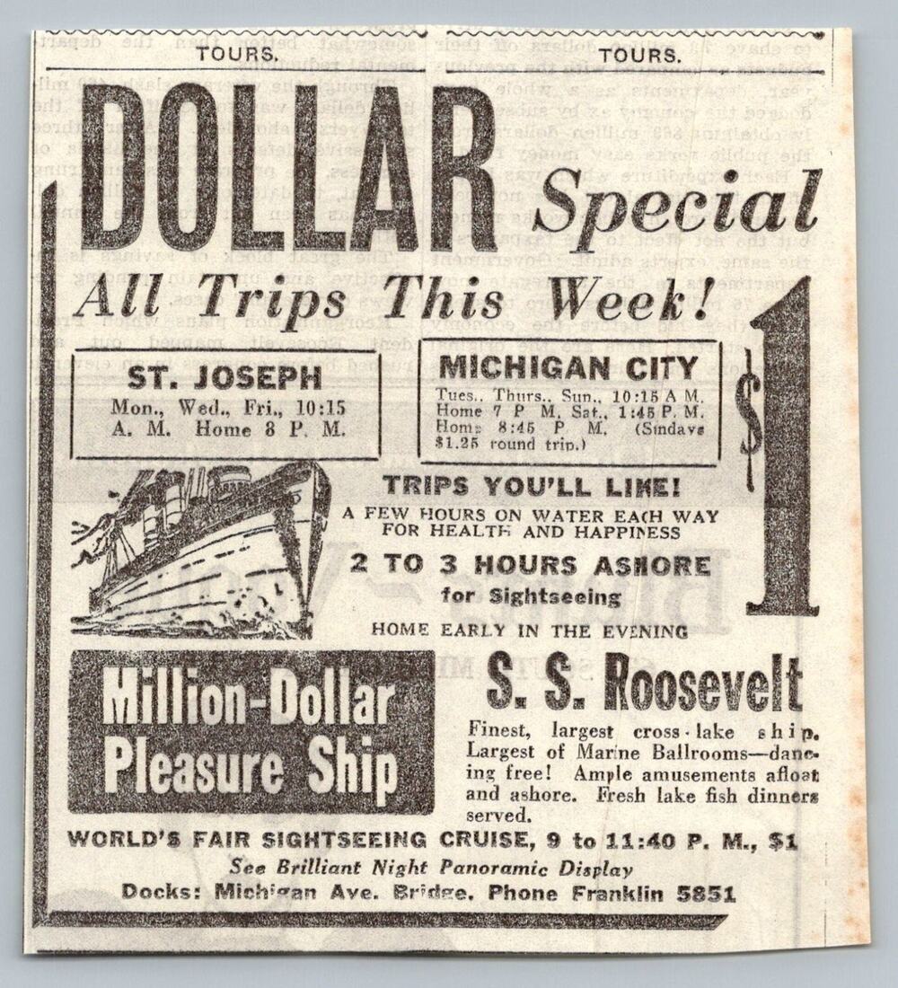 1933 S S Roosevelt World's Fair Michigan City Dollar Cruise Print Ad Rates
